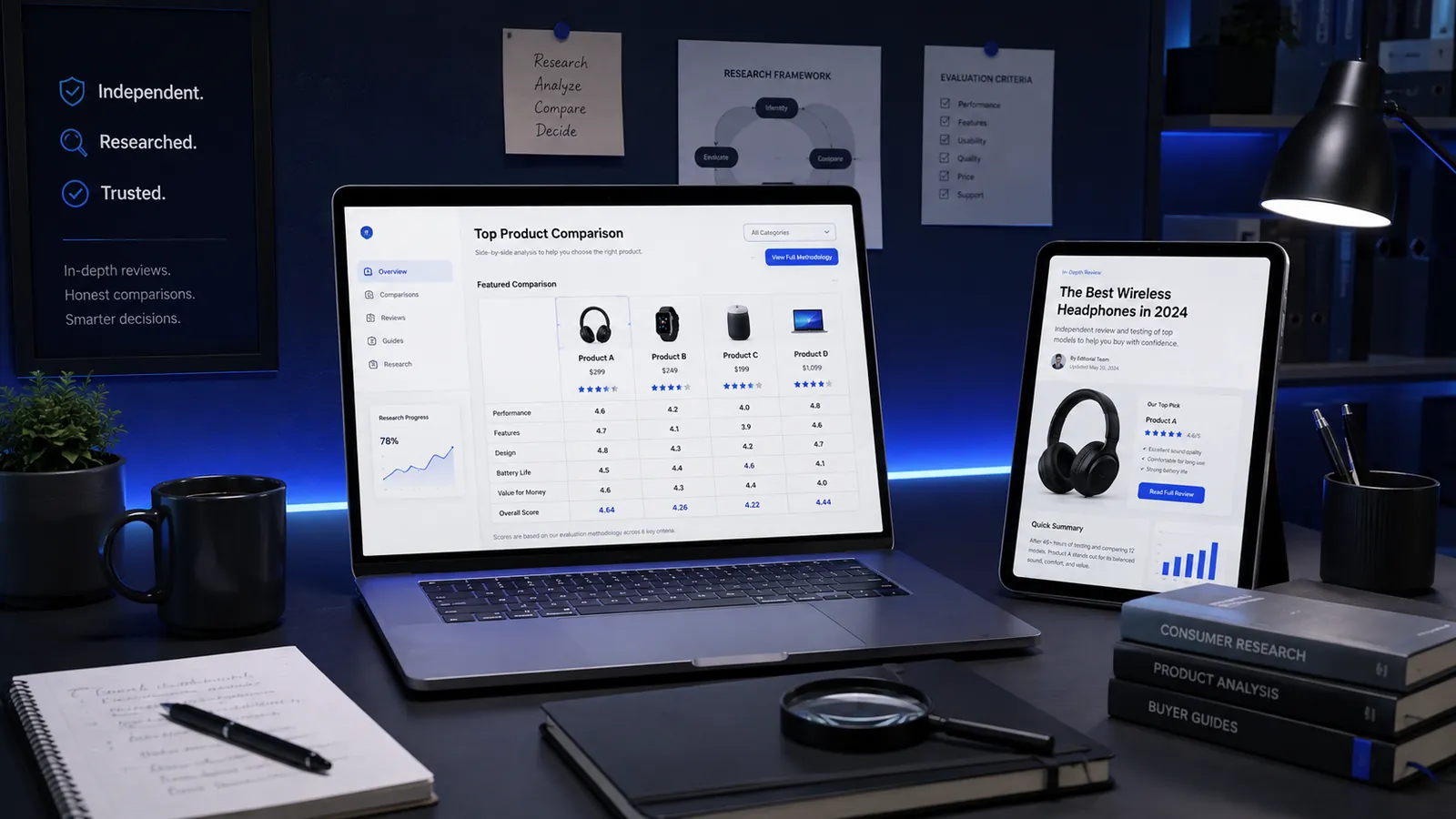 Thevoriqo research workspace with comparison screens and editorial planning materials