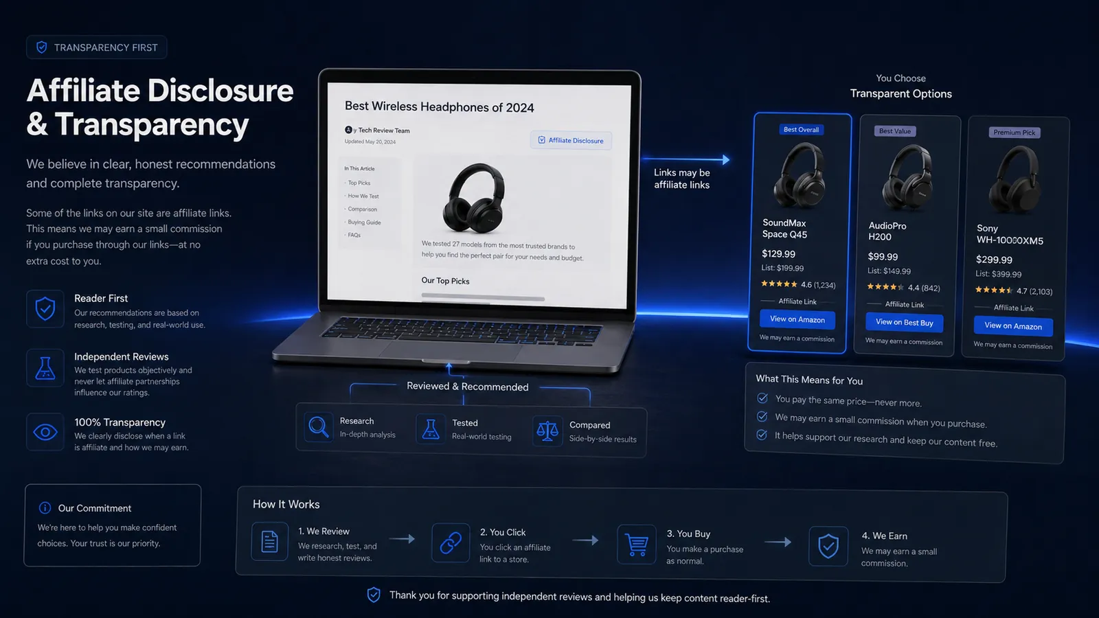 Transparency illustration showing a reviewed product page and affiliate-link disclosure