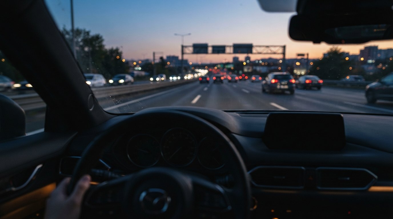 View from a car driver's seat looking out at an open road during the golden hour.