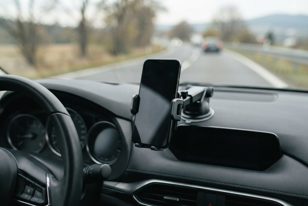 Smartphone mounted on a generic dashboard mount in a car.