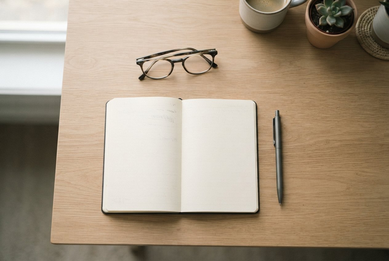 A professional desk workspace with a tablet and glasses, representing research.