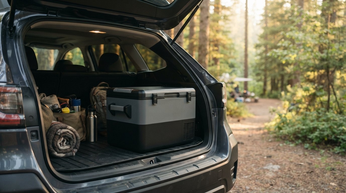 A portable electric cooler resting on the tailgate of a truck at a campsite.