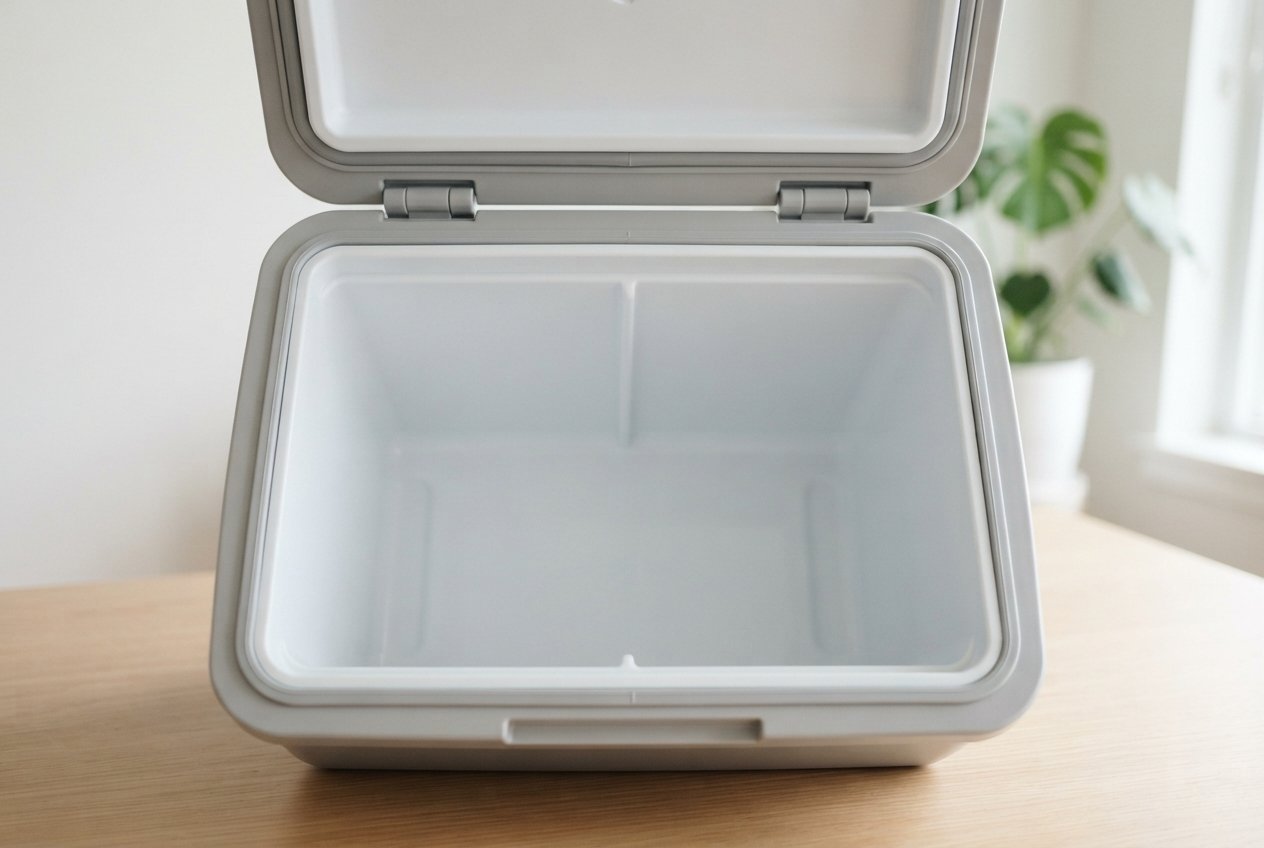 Close-up of a person placing food items into a portable electric cooler.