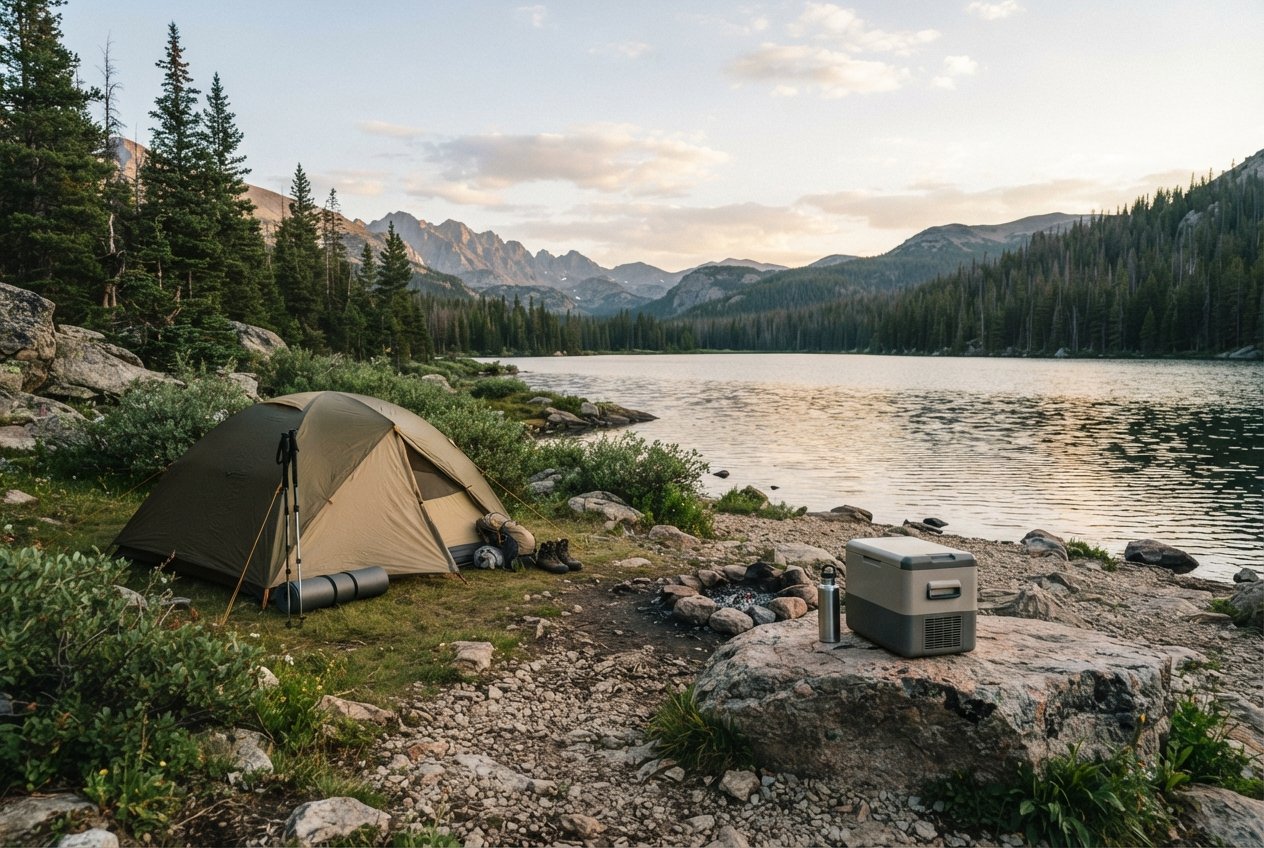 A portable electric cooler placed outside a tent in a scenic camping area.