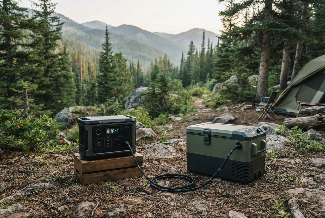 An outdoor scene showing a portable cooling unit connected to a power source in a camping environment.