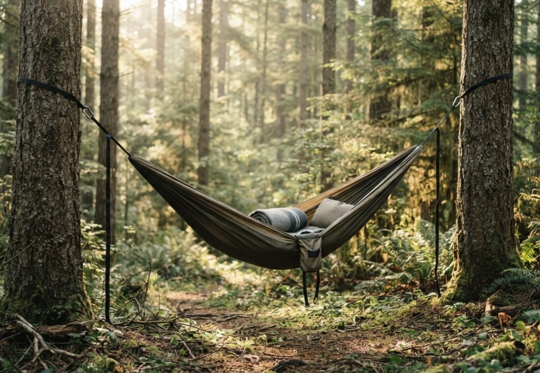 A fabric camping hammock hanging between two pine trees in a forest.