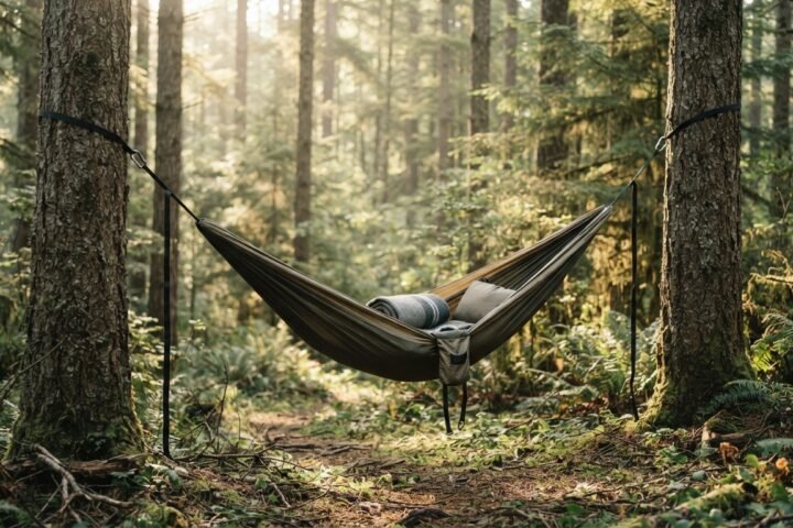 A fabric camping hammock hanging between two pine trees in a forest.