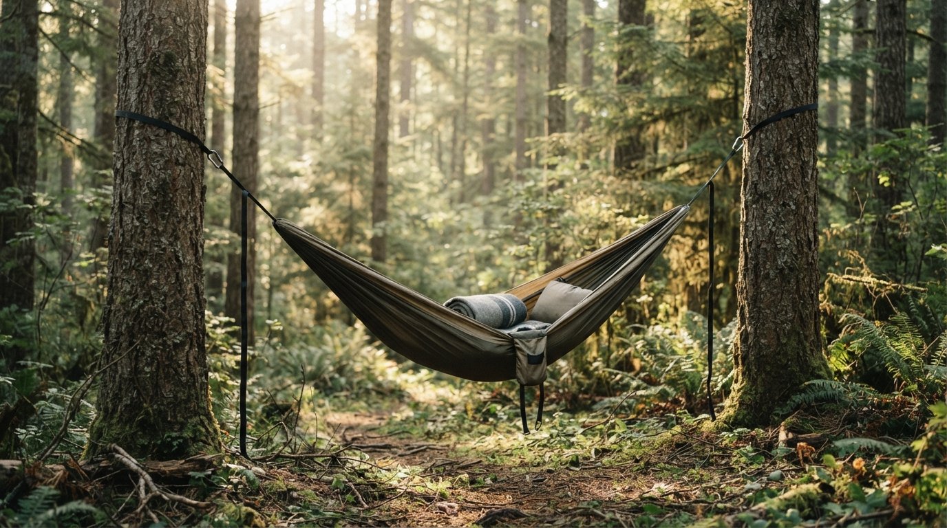 A fabric camping hammock hanging between two pine trees in a forest.