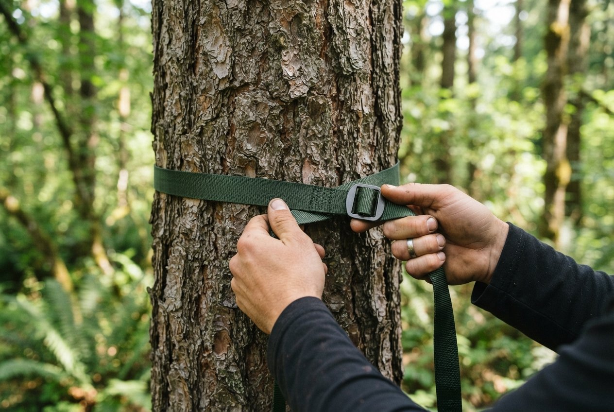 Hands wrapping a nylon suspension strap around a tree trunk for a hammock setup.