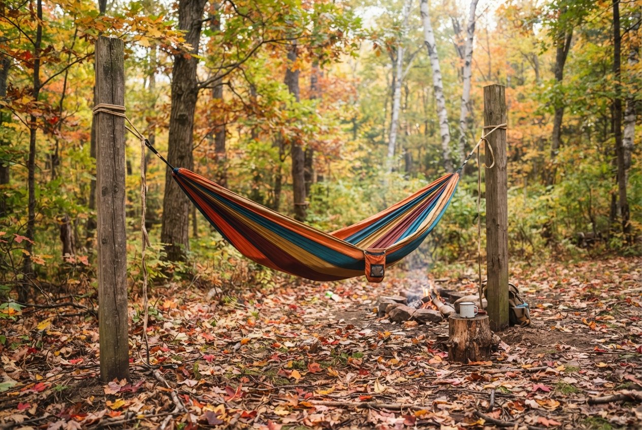 A camping hammock hanging between two wooden posts at a campsite.