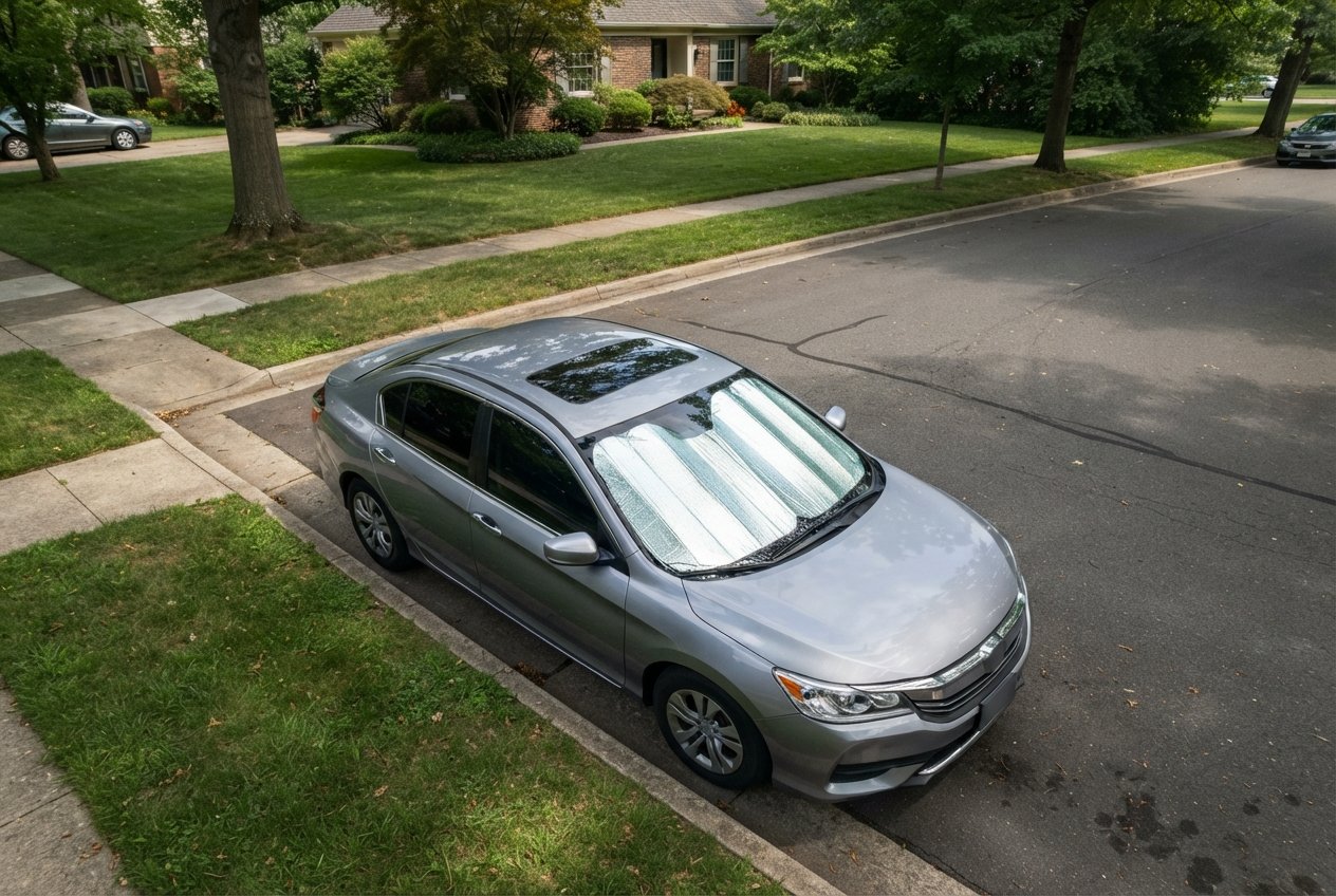 A car parked on a residential street with a reflective sun shade visible through the windshield.