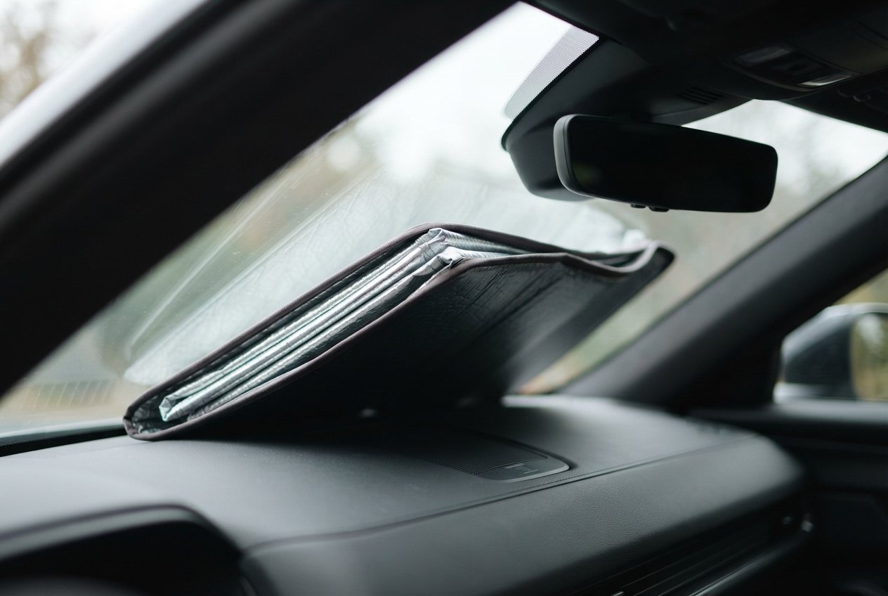Close-up view of the edge of a reflective windshield shade placed inside a vehicle.
