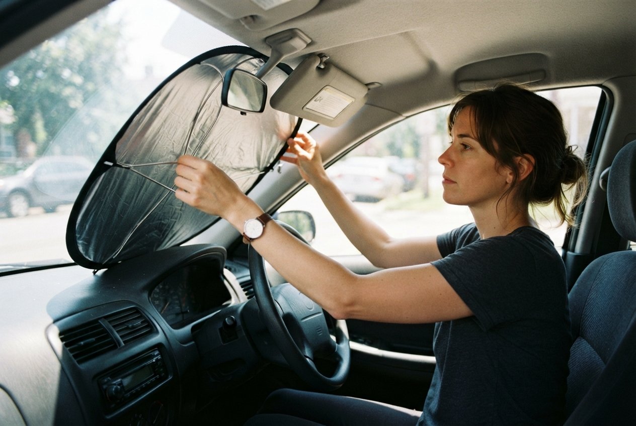 A person adjusting a sun shade in the front seat of a car.