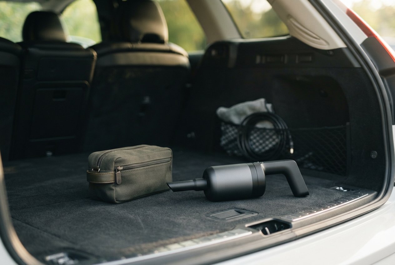 A compact vacuum stored in a tidy car trunk.