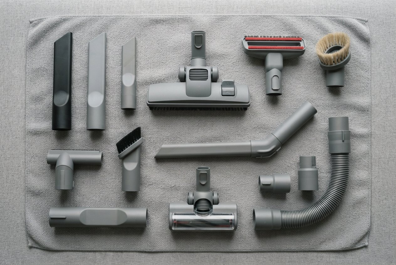 Various vacuum nozzle attachments arranged on a microfiber cloth.