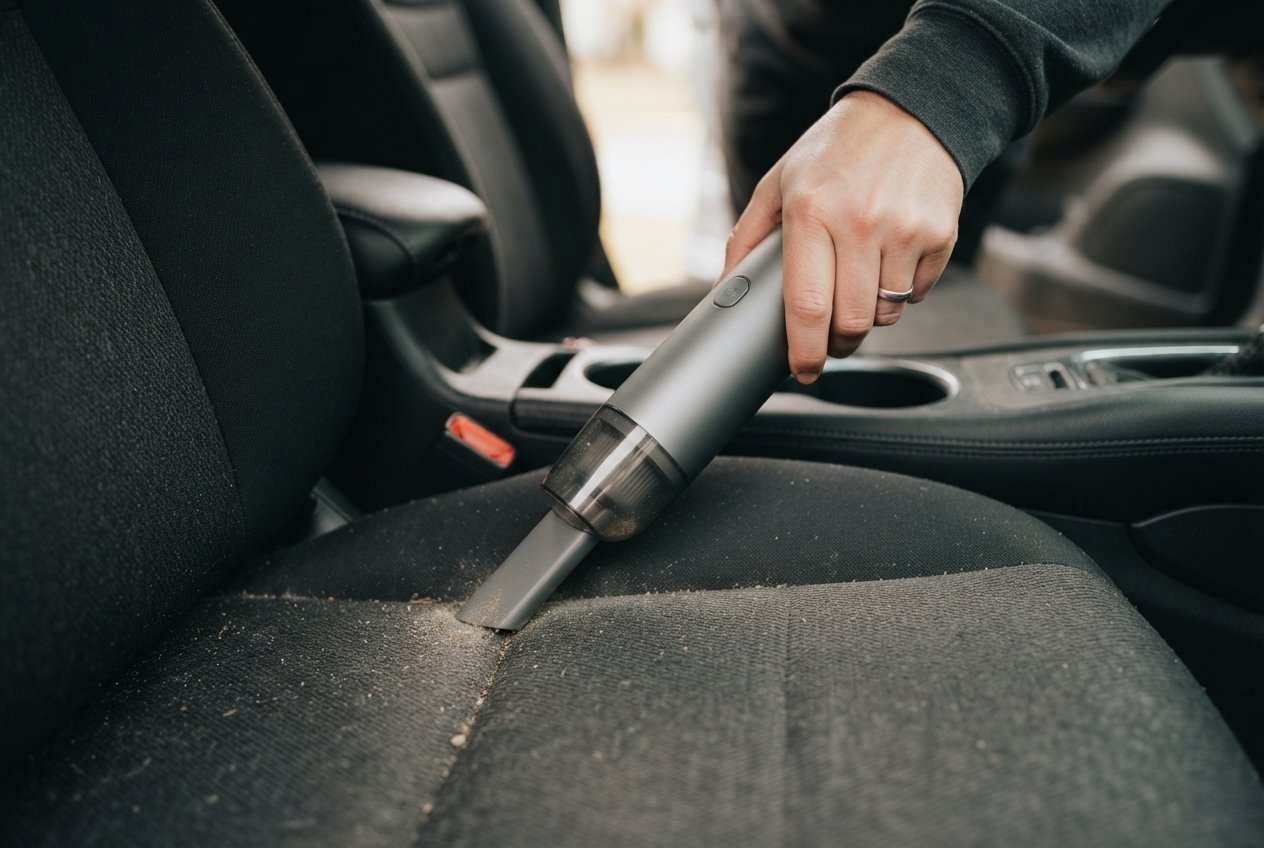 Close up of a hand using a portable vacuum tool to clean car seat crevices.