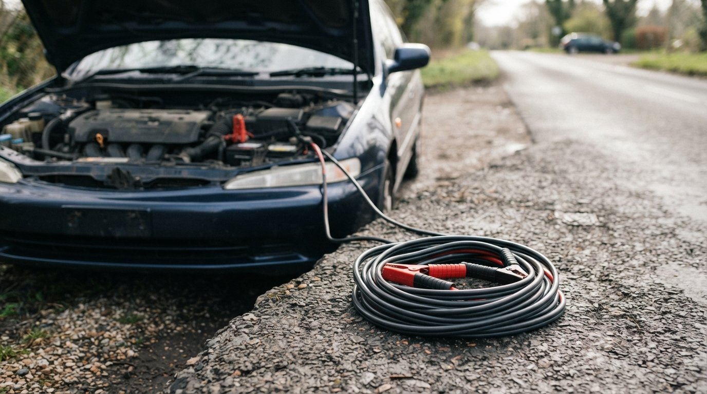 Generic jumper cables resting near a vehicle engine bay on a paved road.