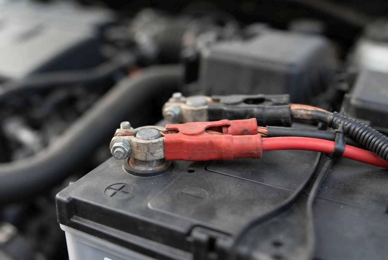 Close-up view of jumper cable clamps attached to a vehicle battery terminal.