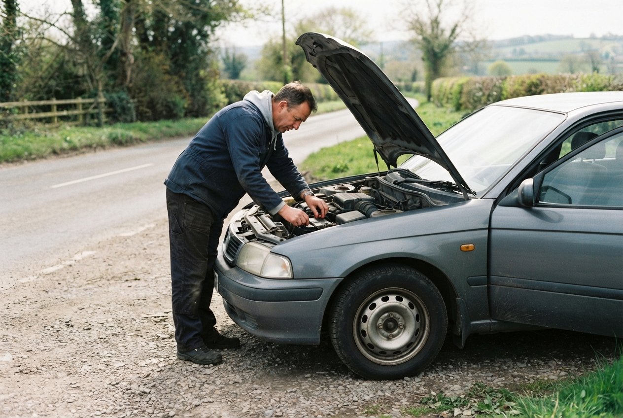 Person inspecting a vehicle engine area on a gravel roadside.