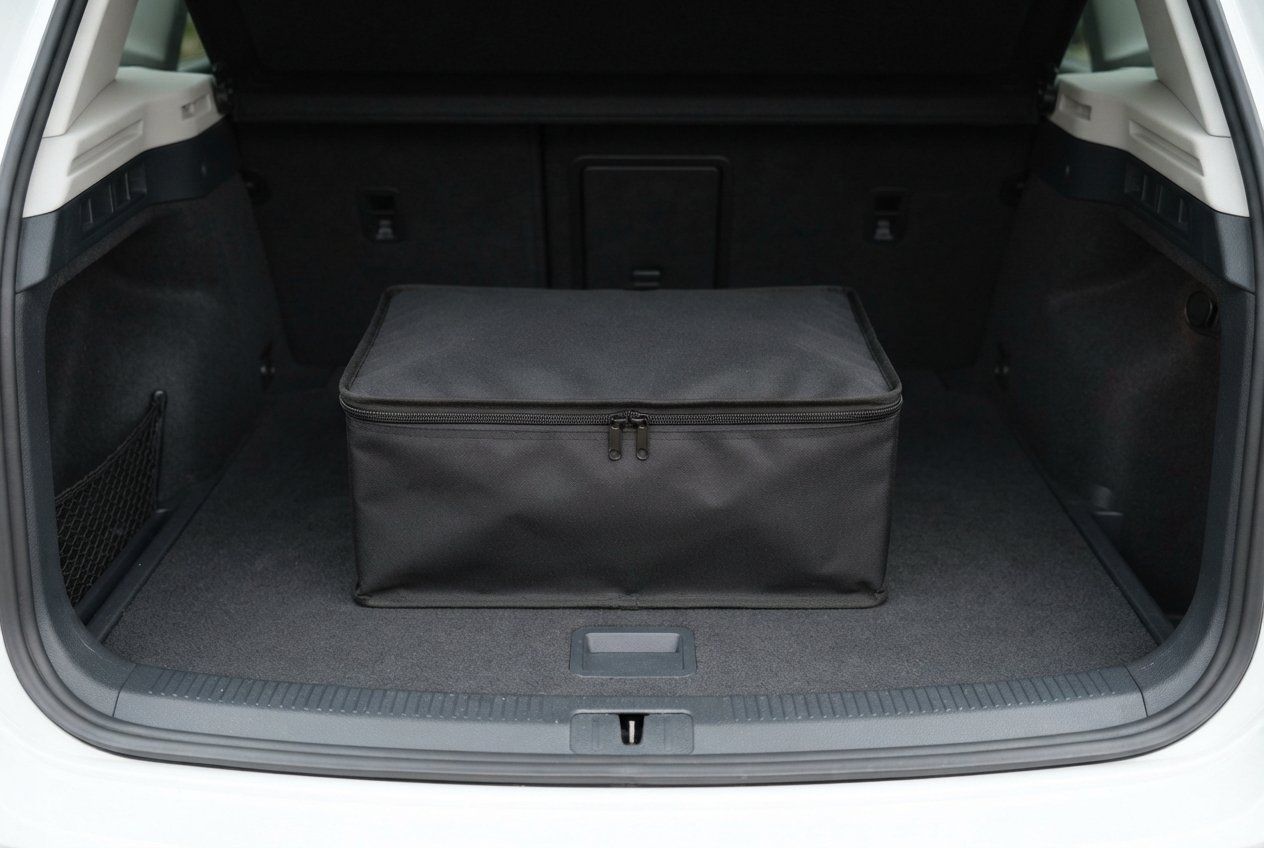A generic zippered storage bag placed inside a clean vehicle trunk.