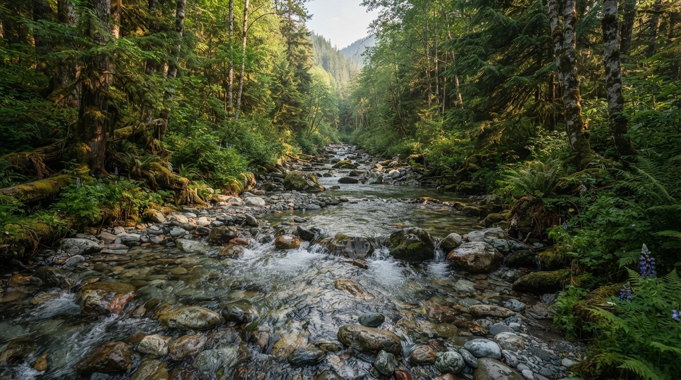 A backpack rests on a rock next to a flowing mountain stream in an alpine environment.