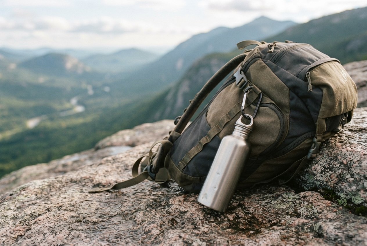 A hiking backpack and water bottle resting on a trail overlook.