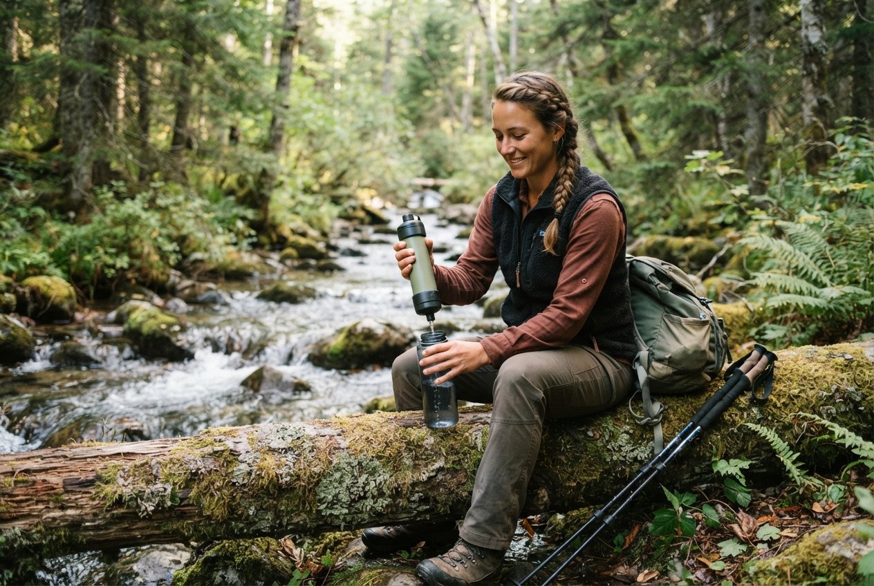 A hiker at a forest stream during a break.