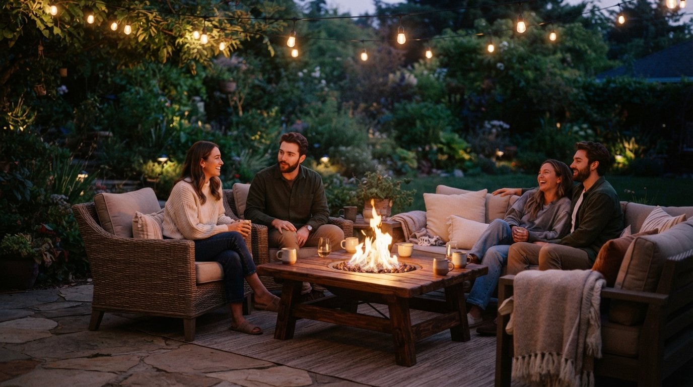 A glowing fire pit on a patio table at dusk surrounded by outdoor furniture and string lights.