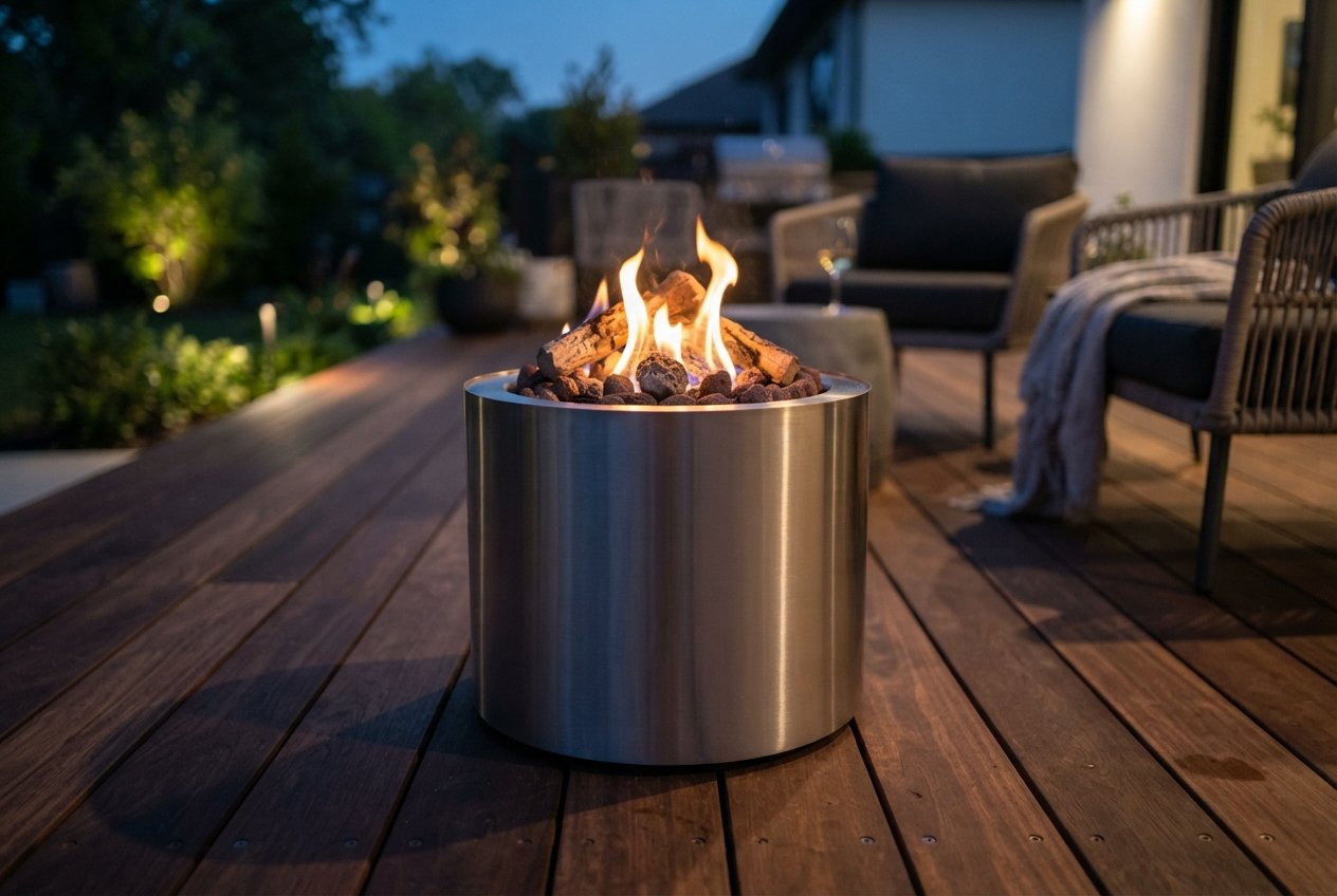 A close-up view of a stainless steel tabletop fire pit on a deck.