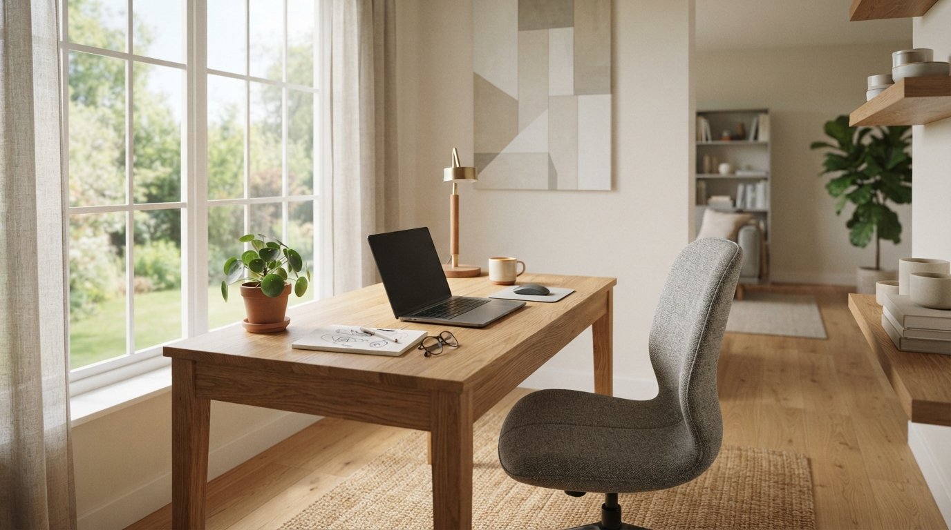 A clean, modern home office with an ergonomic chair and desk, illuminated by natural morning light.