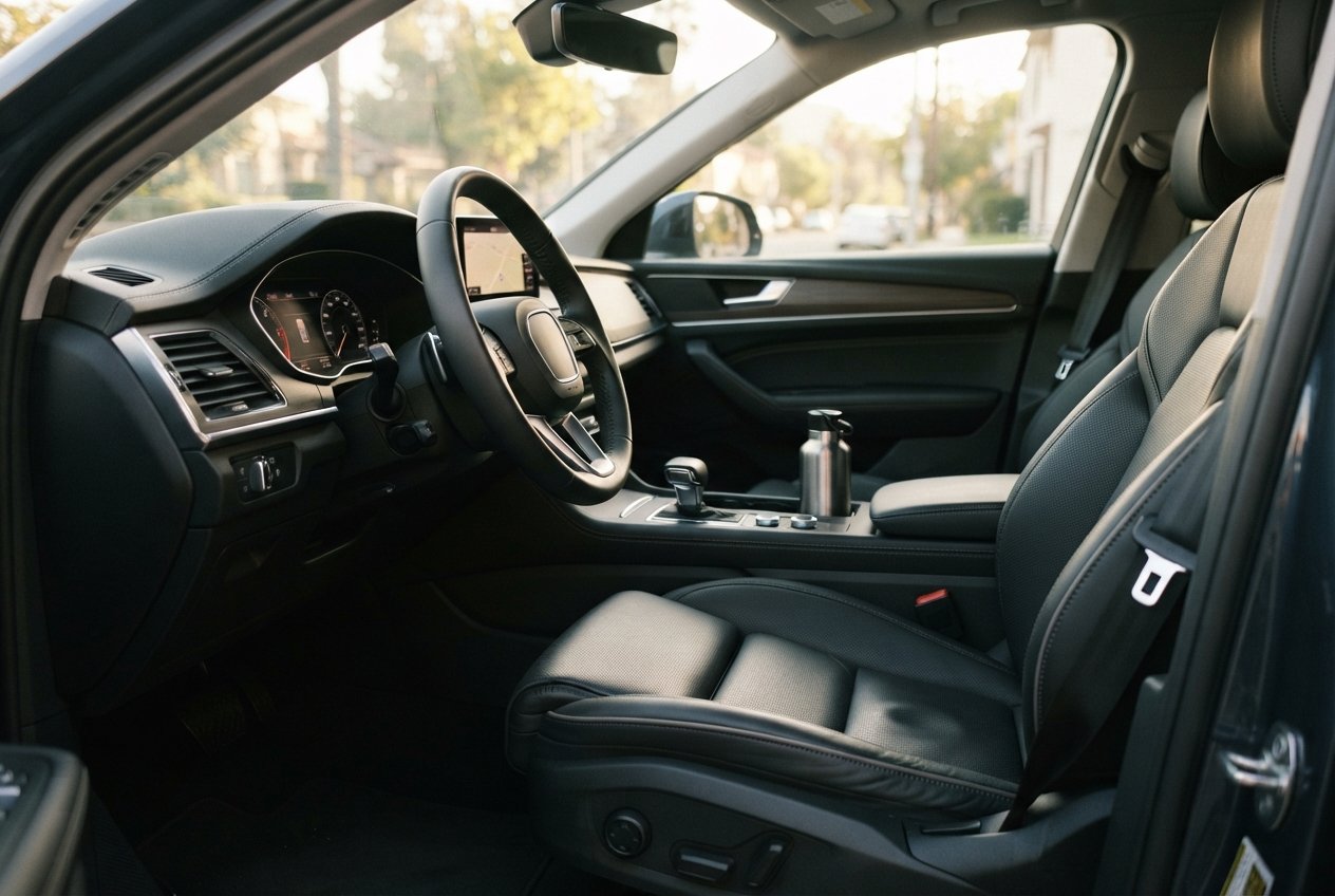 A view of the interior of a clean, modern car cabin focusing on the driver's seat.