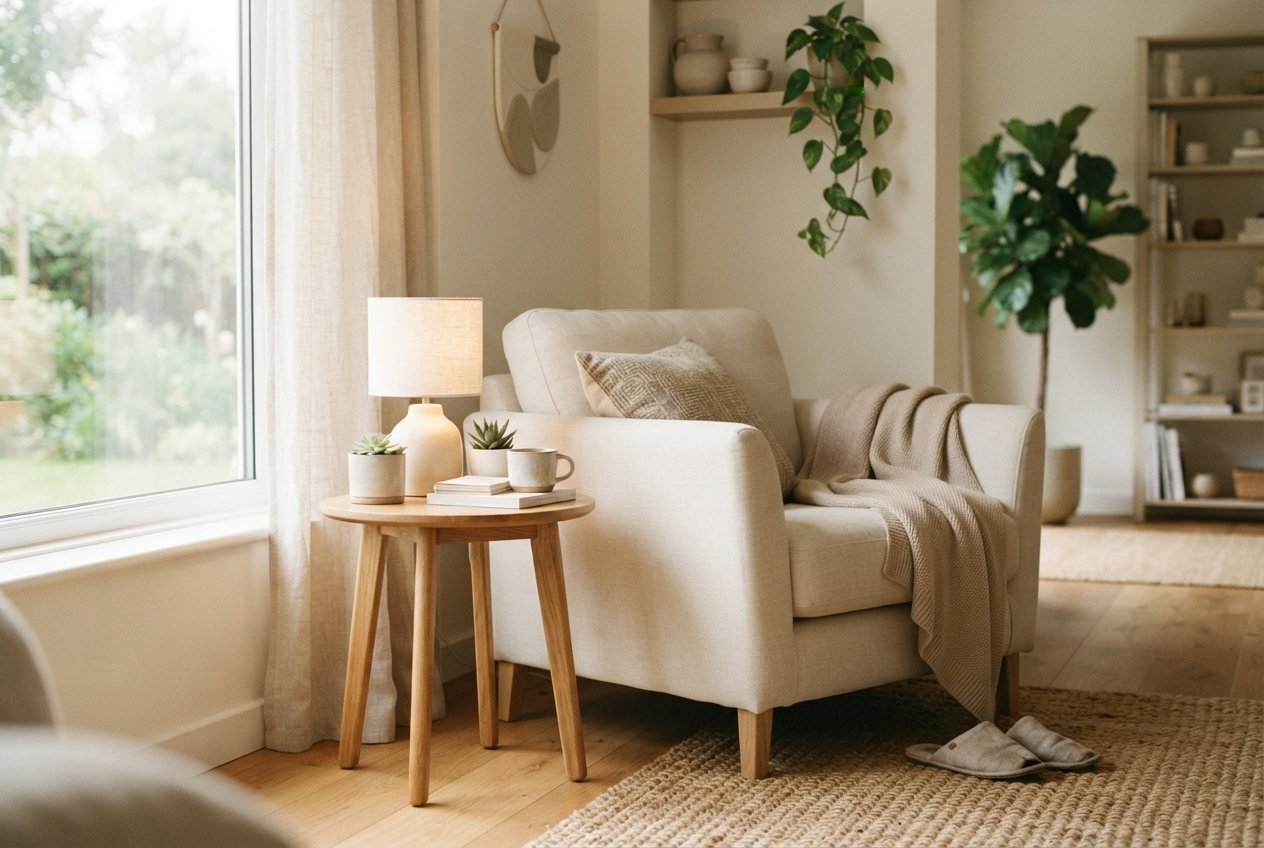 An organized and comfortable living space featuring a chair and side table.