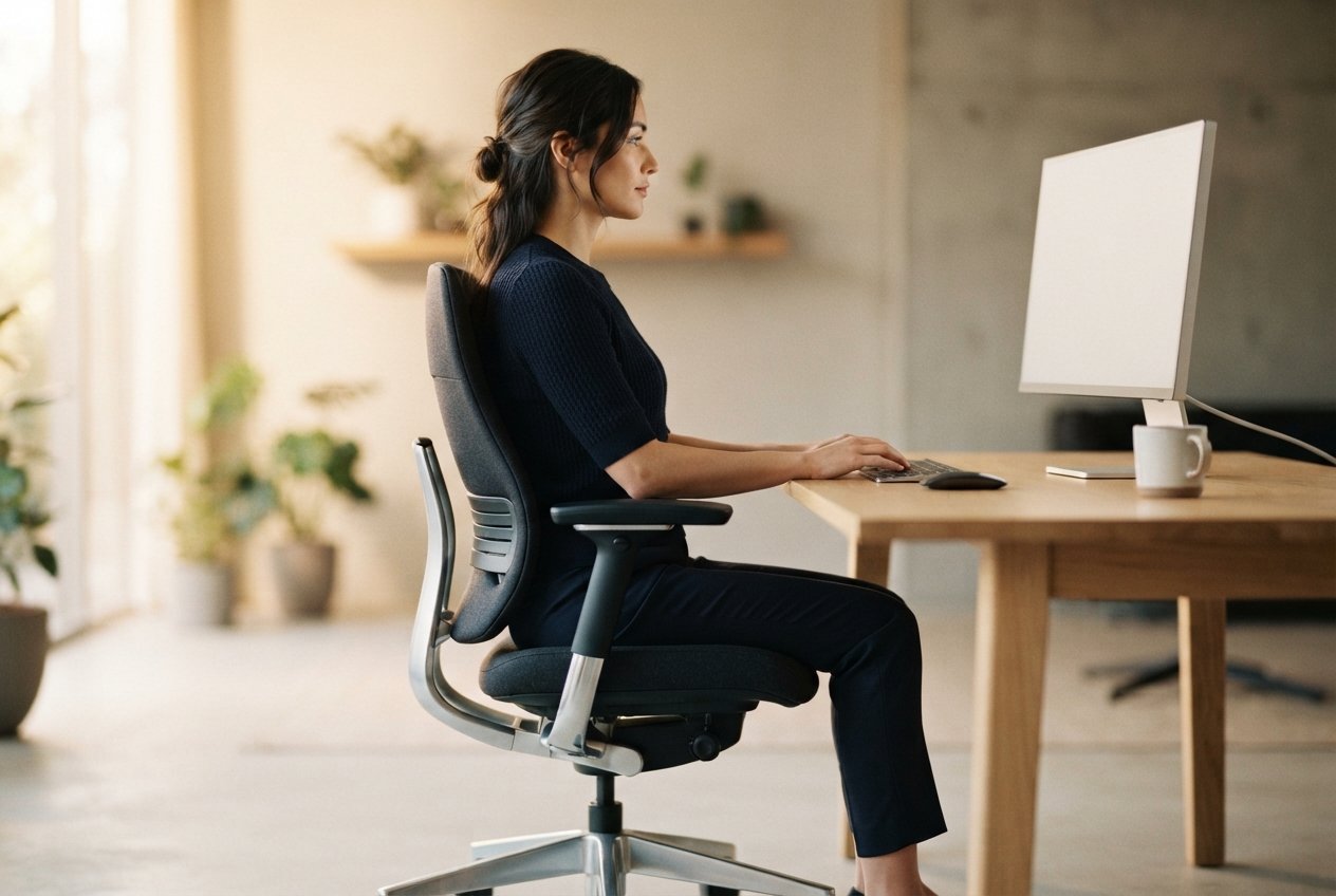 Side view of an individual sitting in an office chair with proper posture.