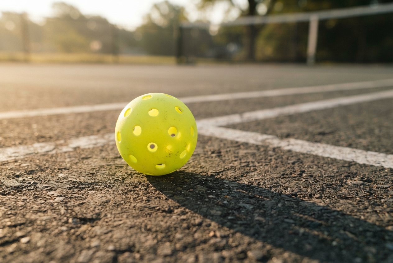 Close-up of a perforated plastic ball on an asphalt sports court.