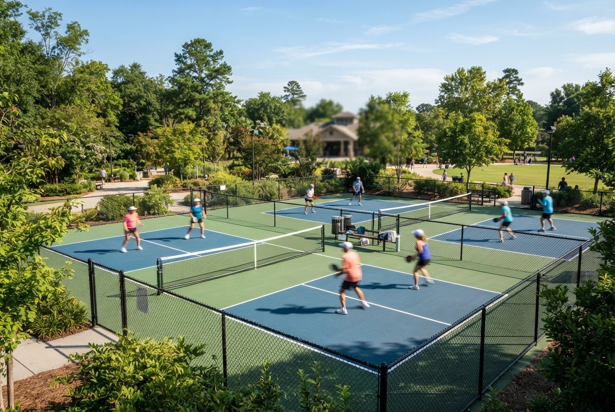 Outdoor pickleball courts in a public park setting.