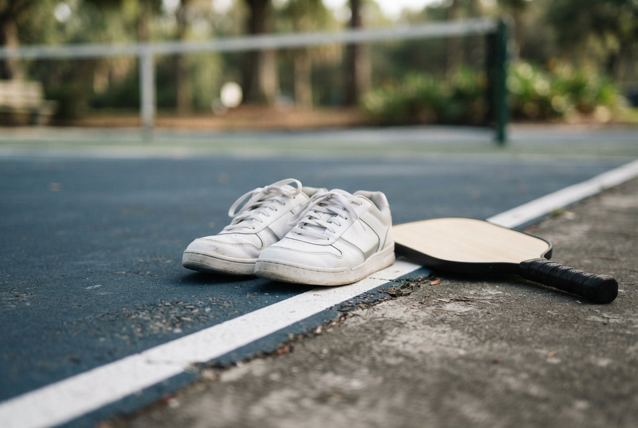 Athletic shoes and a paddle placed on the edge of a pickleball court.