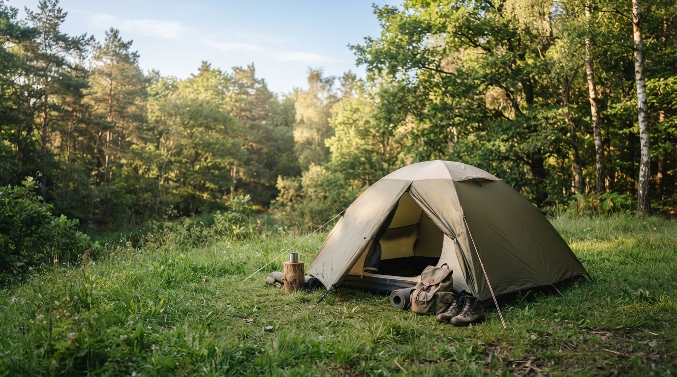 A dome tent set up on a grassy campsite in a forest.