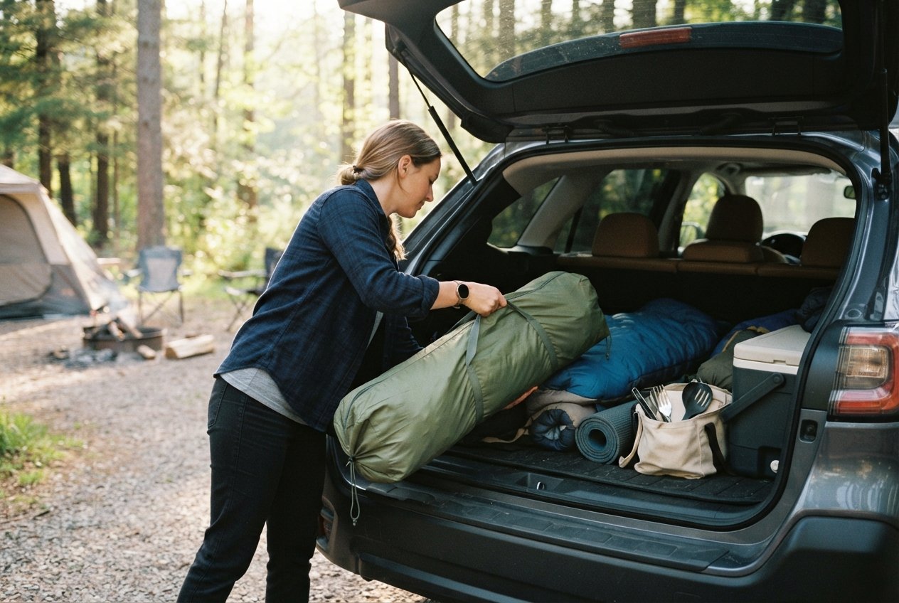 A person putting a tent bag into the back of a car.