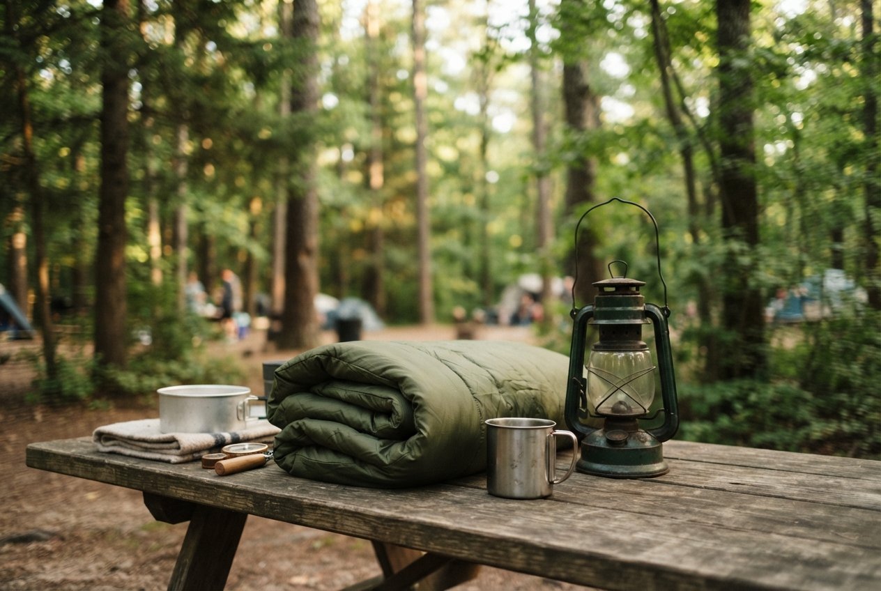 Camping gear sitting on a wooden picnic table at a campsite.
