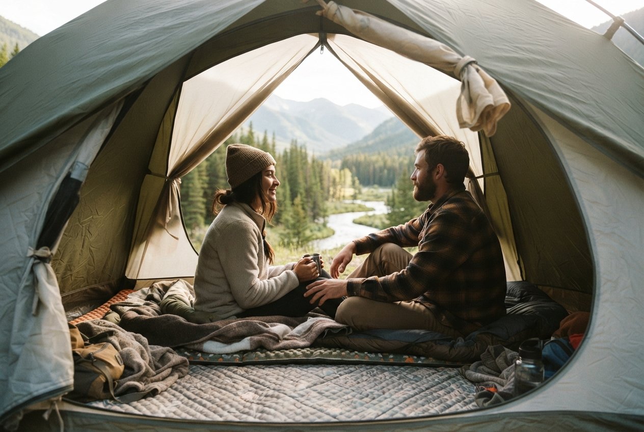 People inside a tent looking out of the open door.