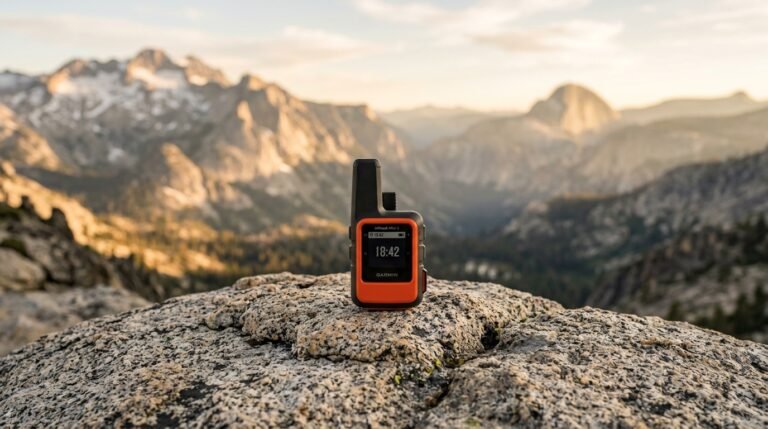 Garmin inReach Mini 2 satellite communicator resting on a rock in a remote mountainous landscape.
