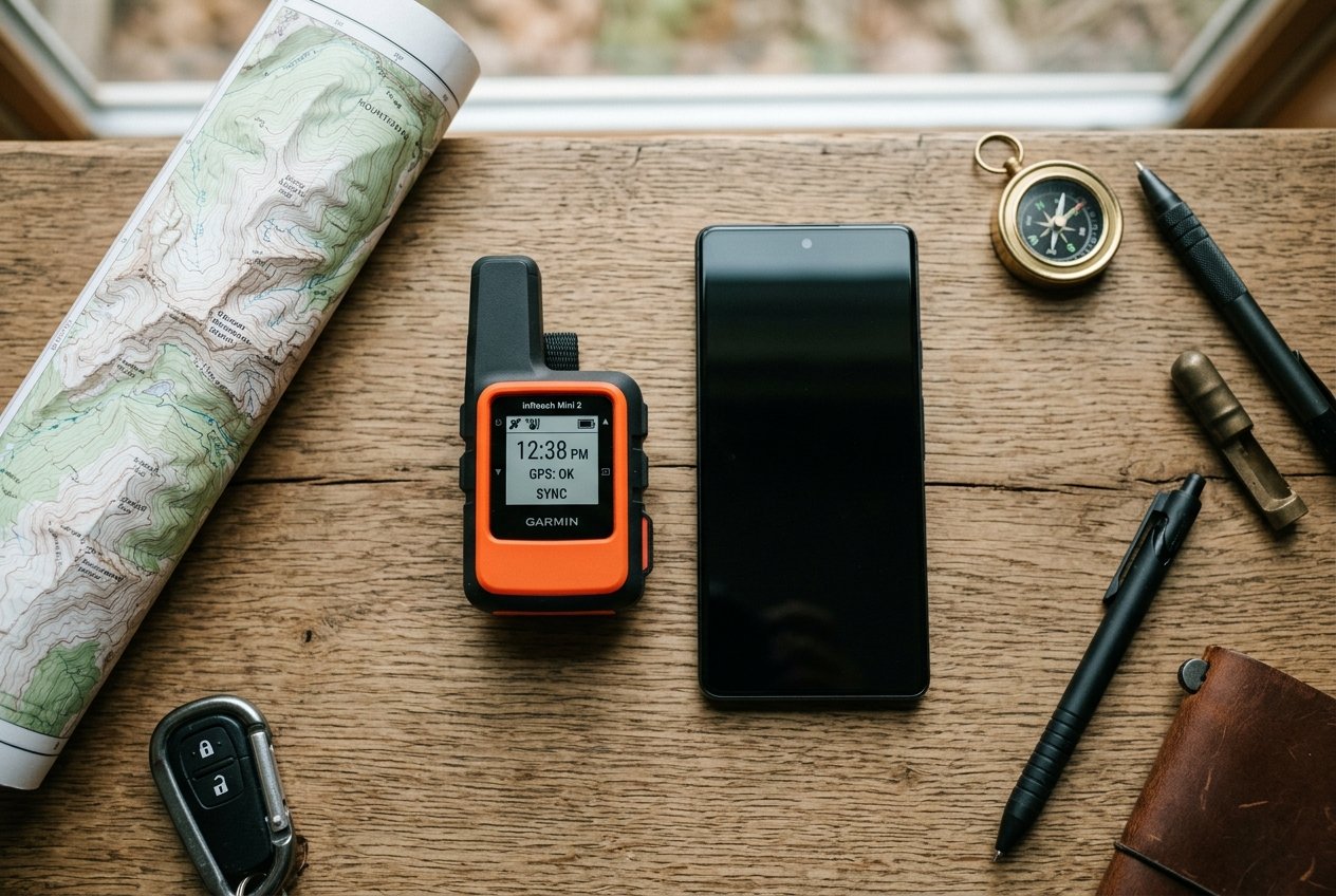 Garmin inReach Mini 2 placed next to a smartphone, illustrating the need for pre-trip setup and device integration.
