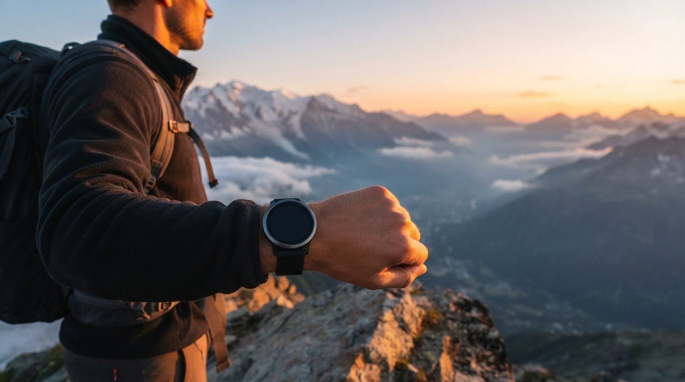 A hiker wearing a smartwatch looking out at a mountain range during sunrise.