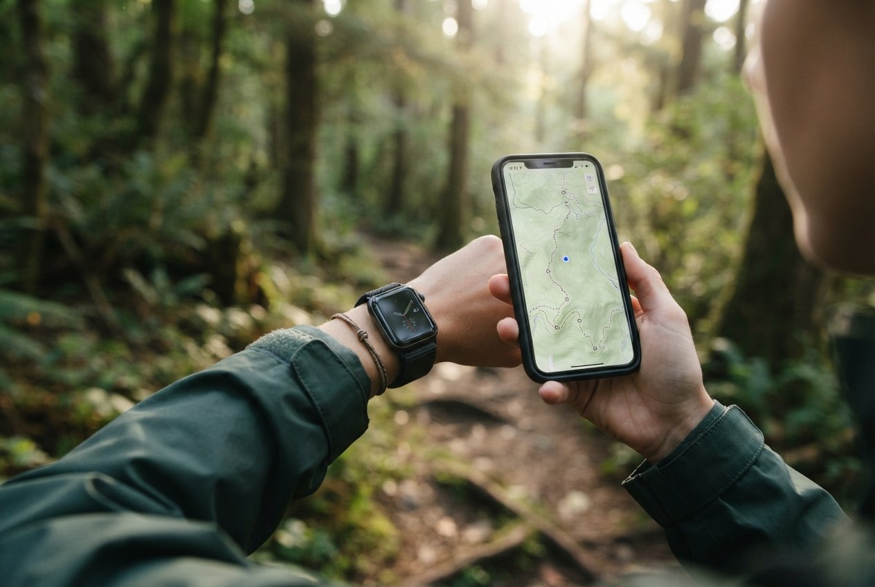 A person checking a smartphone and wearing a smartwatch while hiking in a forest.