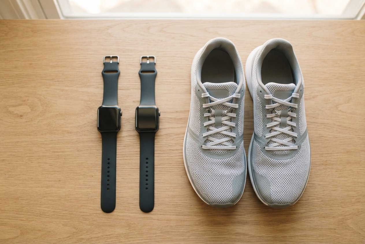 Two smartwatches laid out on a wooden surface next to running shoes.
