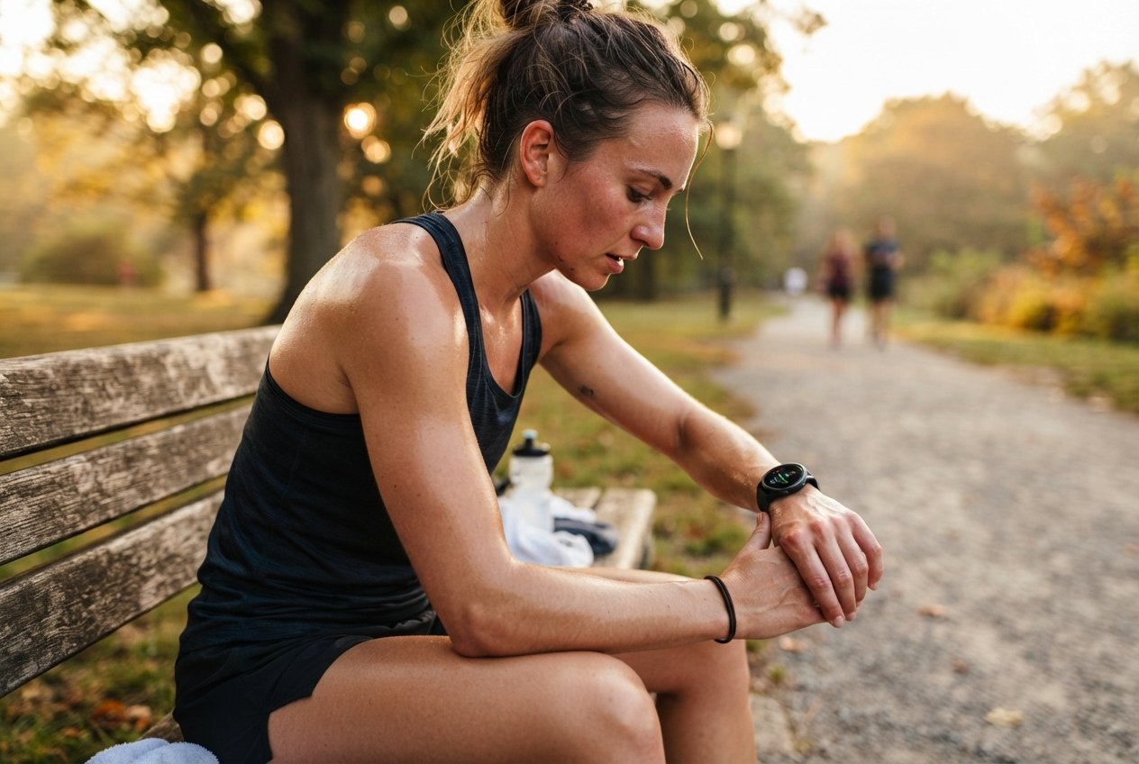 An athlete reviewing their fitness data on a smartwatch while sitting on a park bench.