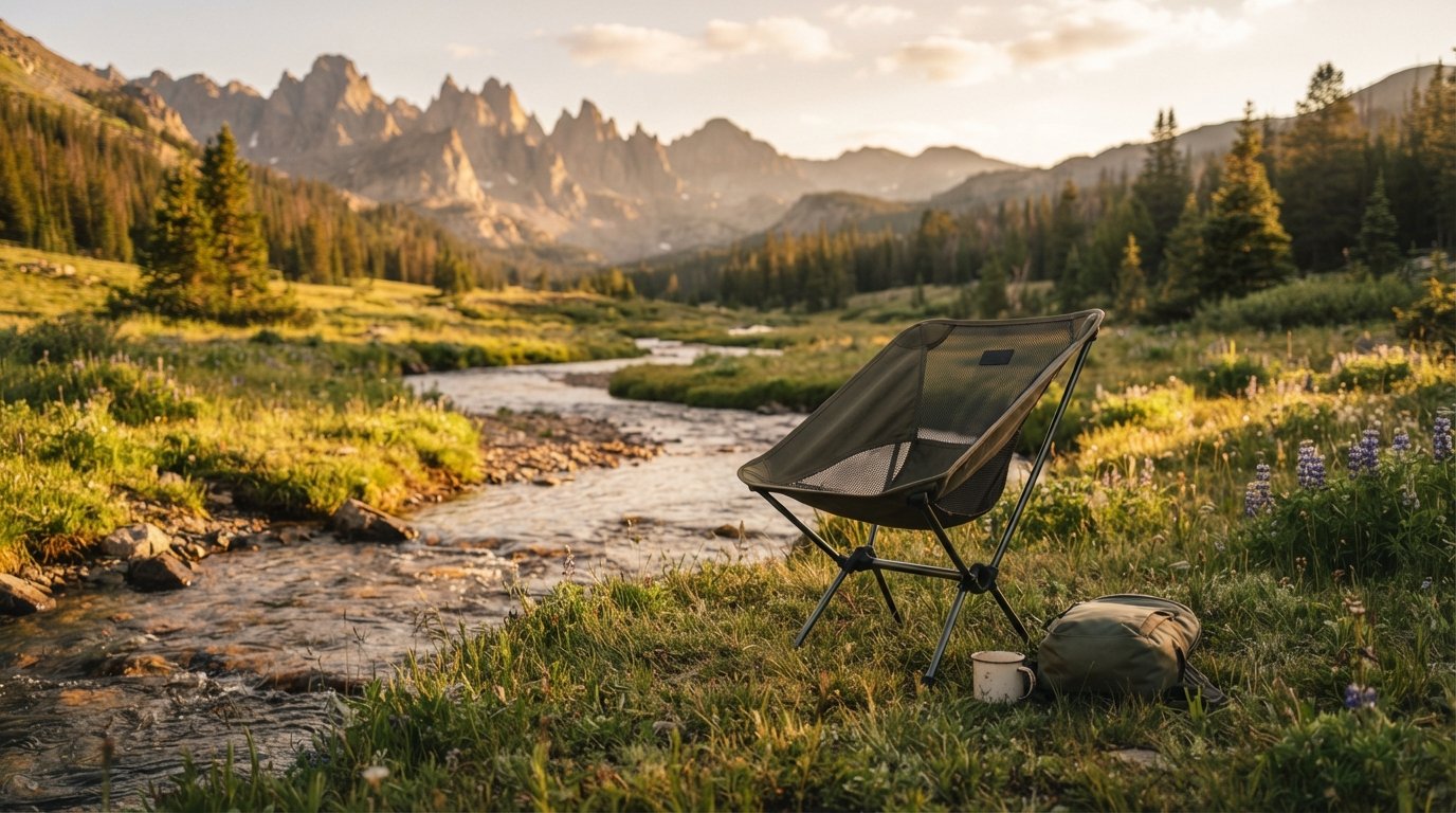 A folding camp chair set up on a grassy meadow by a mountain stream.