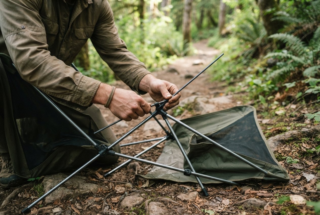 A person setting up a compact portable camp chair on a hiking trail.
