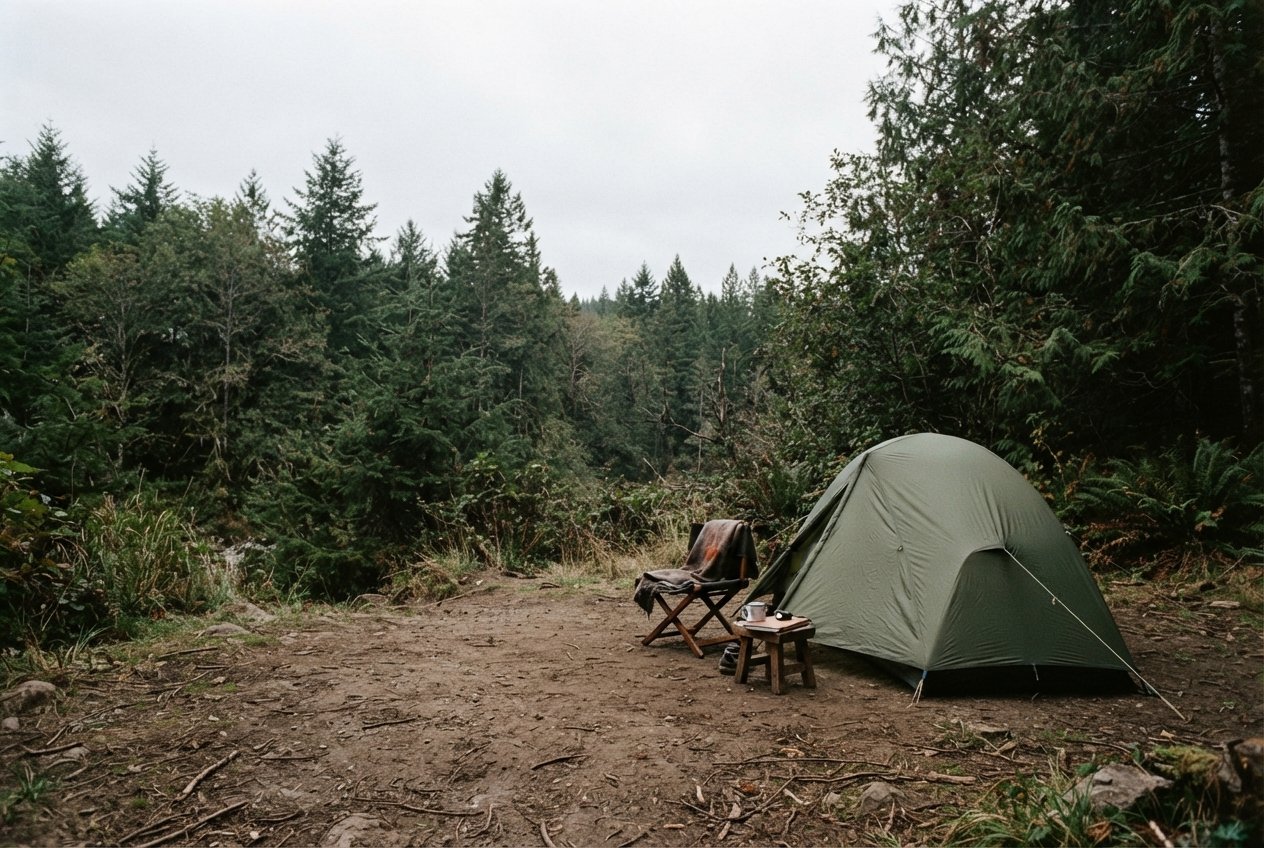 A camp chair and a small tent set up on a campsite.