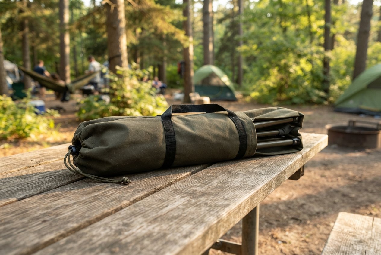 A folded camp chair inside a carrying case resting on a wooden table.
